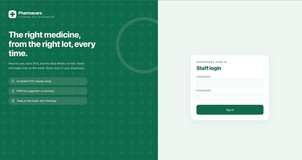 Pharmacare staff login for licensed OTC dispensary